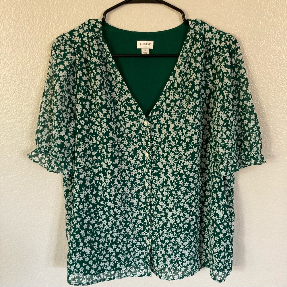 J Crew Green Floral V neck Blouse